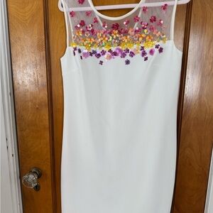 Trina Turk White Midi Dress with Colorful Floral Embellishments